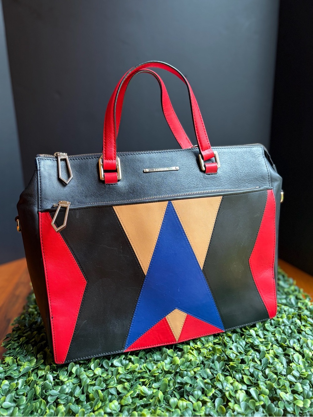 La Pagayo Leather Patchwork Satchel Black Red Blue Tan Geometric Tote Handbag